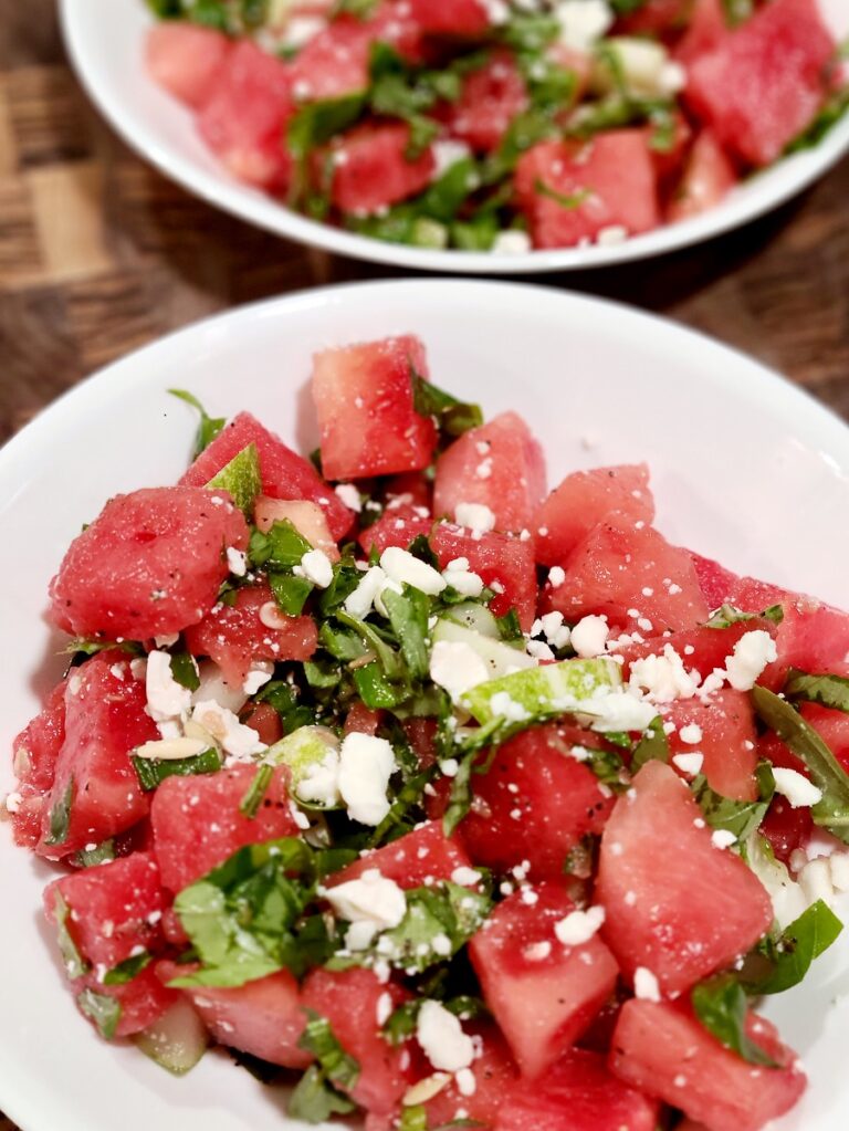 Watermelon Basil Feta Salad with Honey Lemon Drizzle